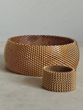 Vintage Gold Tone Woven Mesh Bangle Bracelet and Wide Ring Jewelry Set